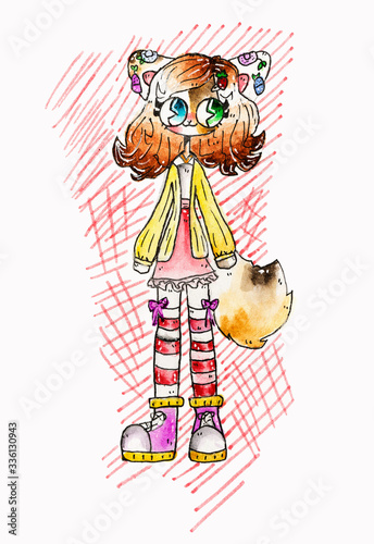 Cute watercolor fox girl stock illustration
