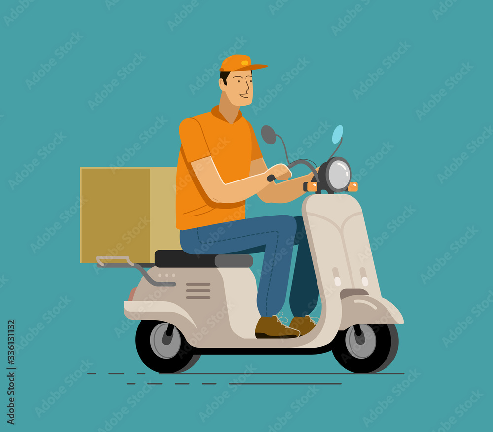 Courier rides on scooter. Delivery vector illustration Courier rides on scooter. Delivery vector illustration