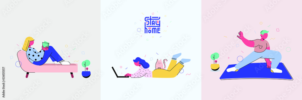 Stay home illustration and logo. The family is sitting at home. Quarantine or self-isolation. Healthcare concept. Fears of getting coronavirus. Global viral epidemic or pandemic. 
