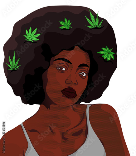 Afro hair style woman with cannabis leafs in her hair. Comics style vector image