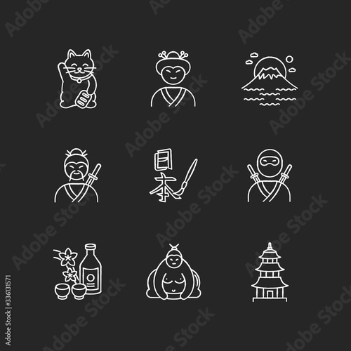 Japan chalk white icons set on black background. Maneki neko. Geisha woman. Mount Fuji. Samurai and ninja. Asian calligraphy. Japanese attributes. Isolated vector chalkboard illustrations