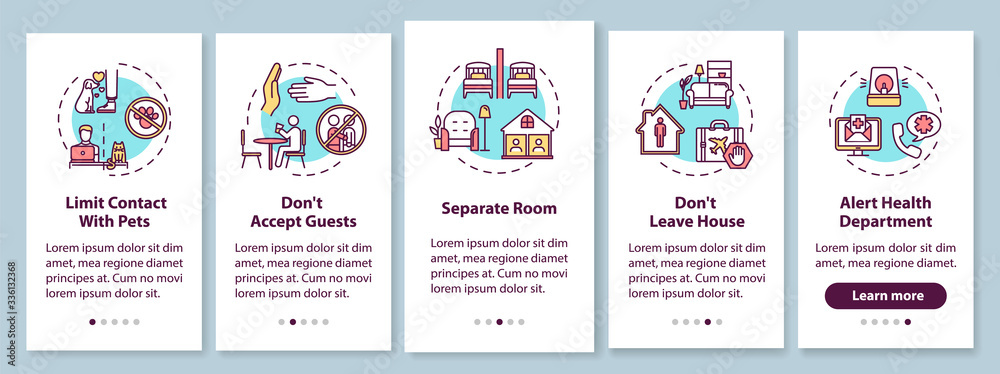 Self-isolation tips onboarding mobile app page screen with concepts. Staying home, contacts limit walkthrough 5 steps graphic instructions. UI vector template with RGB color illustrations