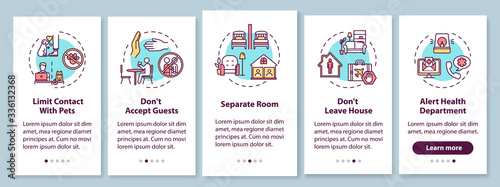 Self-isolation tips onboarding mobile app page screen with concepts. Staying home, contacts limit walkthrough 5 steps graphic instructions. UI vector template with RGB color illustrations