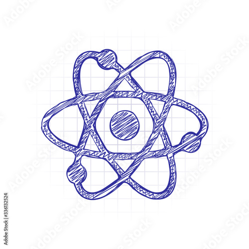 scientific atom symbol, simple icon. Hand drawn sketched picture with scribble fill. Blue ink. Doodle on white background