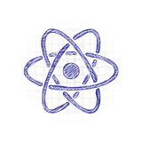 scientific atom symbol, simple icon. Hand drawn sketched picture with scribble fill. Blue ink. Doodle on white background