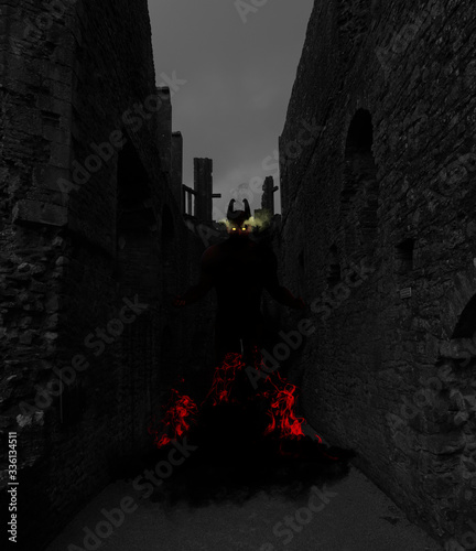 Devilish figure with glowing eyes ascending from shadowy fire in ruined castle