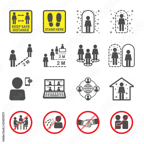 social distancing icon set. How to prevent and eliminate the Corona virus (Covid-19). Contraindications, guidelines, guidance, interdict, interdiction