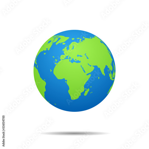 Globe earth map icon on isolated background. 3d world planet with global geography for travel. Green america, europe, africa silhouette continents on blue circle. World government concept. vector.