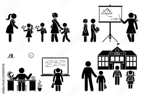 Stick figure teacher, school boy, girl go first day, study, learning knowledge vector icon pictogram. Parents with children, kids walking to preschool, primary, elementary education set on white