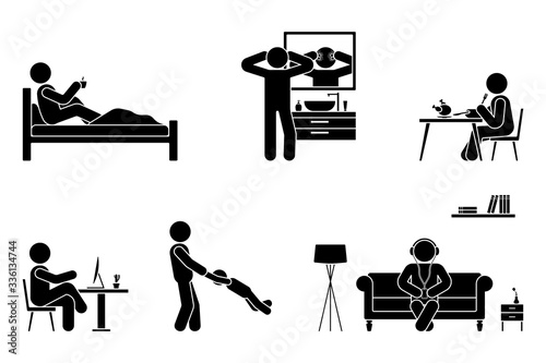 Stick figure man everyday life time activities vector icon set. Sleep, drink coffee, wash face, eat, sit at desk, work, study, play with child, listen to music on couch, use desktop pictogram on white