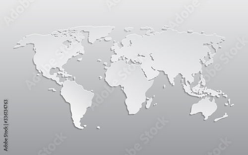 White paper world map. 3d atlas Earth with continents america  europe  asia  africa. Graphic planet with shadow. Politic cartography on gray background. Modern geography for education. Grey vector.