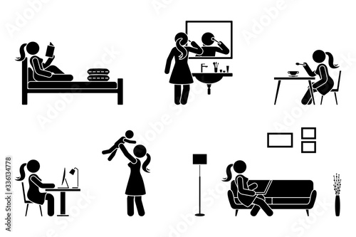 Stick figure woman everyday life time activities vector illustration icon set. Read book, do makeup, eat, sit at desk, work, study, play with child, use laptop on sofa pictogram on white