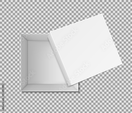 3d white box mockup with top, inside view. Open square package for gift. Realistic carton box with case on above. Unpacked wrapping box on isolated background. Cardboard container. Vector