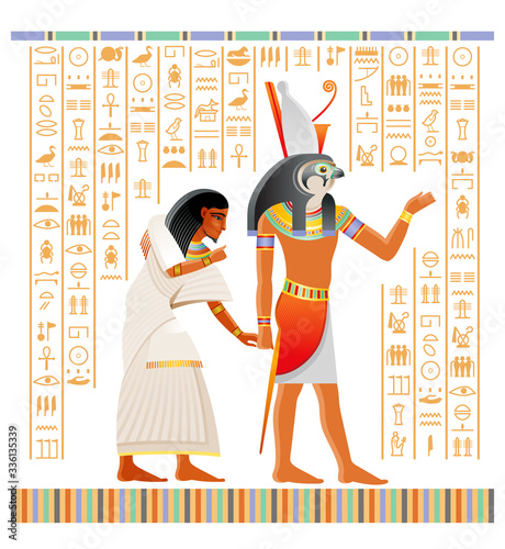 Egyptian papyrus from Book of Dead with afterlife ritual in Duat. Osiris judgment illustration. God Horus with falcon head holding human soul. Vector ancient Egypt papyrus, hieroglyph text background