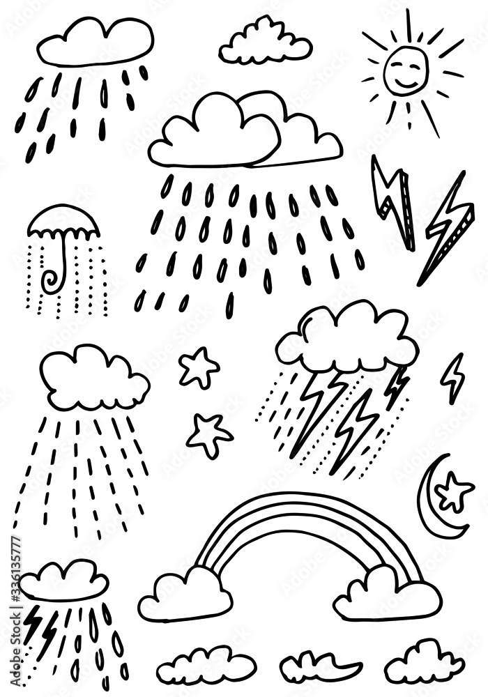 Obraz premium Weather Doodle Vector Set on white background.