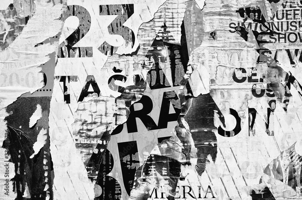 Fototapeta premium Old blank ripped torn posters textures backgrounds grunge creased crumpled paper vintage collage placards empty space for text backdrop surface