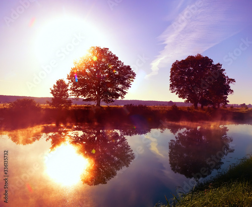 Morning on the river. Mighty oaks by the river and the sun rising from the horizon.
 photo