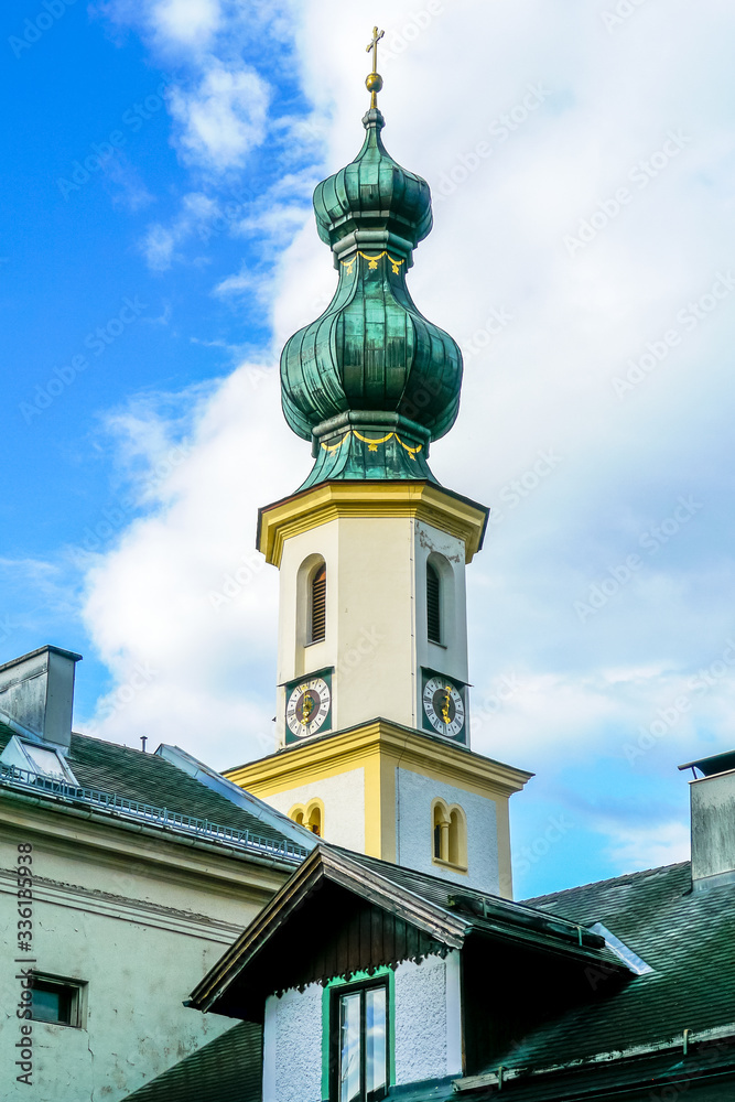 Sankt Gilgen, Salzkammergut / Austria - August 2011: Bell tower of the Parish Church of Saint Egidius