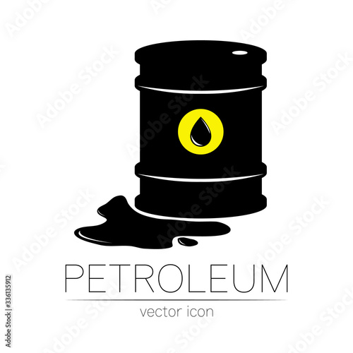 Vector sign of oil. Black symbol petroleum isolated on white background. Barrel silhouette and spot liguid. Industry of exploration, illustration. Petrochemical and market.