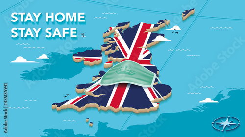 Map Of The United Kingdom With Union Jack Flag and Face Mask - Stay Home Stay Safe