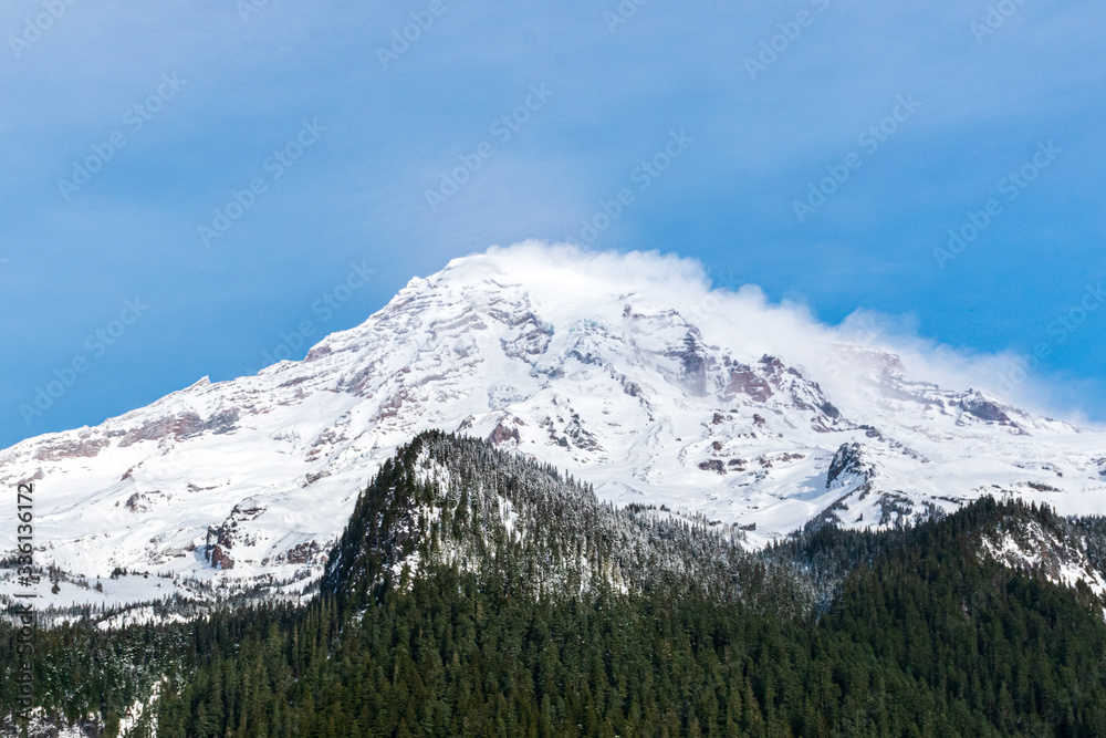 Snow blowing from top of mount Rainier