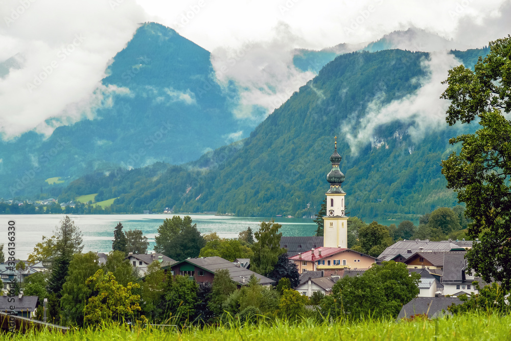 Sankt Gilgen, Salzkammergut, Austria. View over the town and the Wolfgangsee Lake