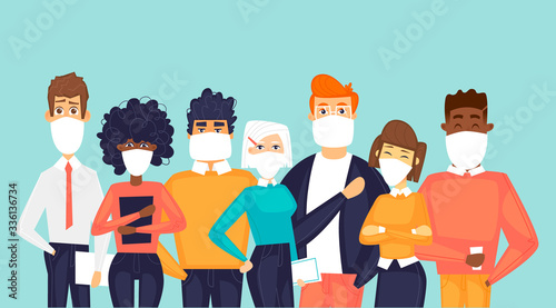 Masked people. Virus. Flat design vector illustration.