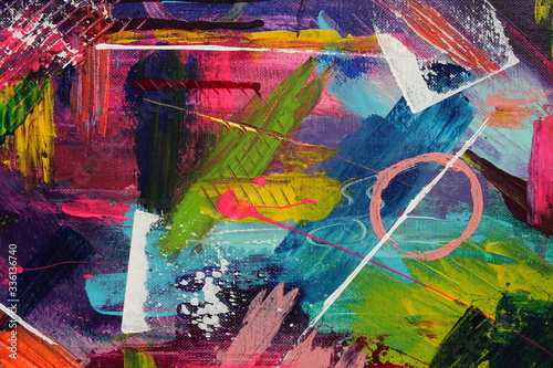 Colors range from bright neon pink and yellow to dark purple and blue in this section of an abstract acrylic painting for backgrounds.