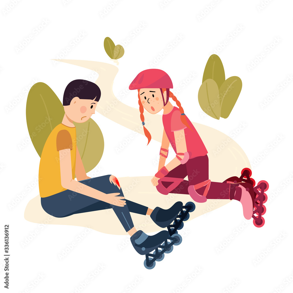 Roller skate safety concept.Two kids teenager boy and his girl friend