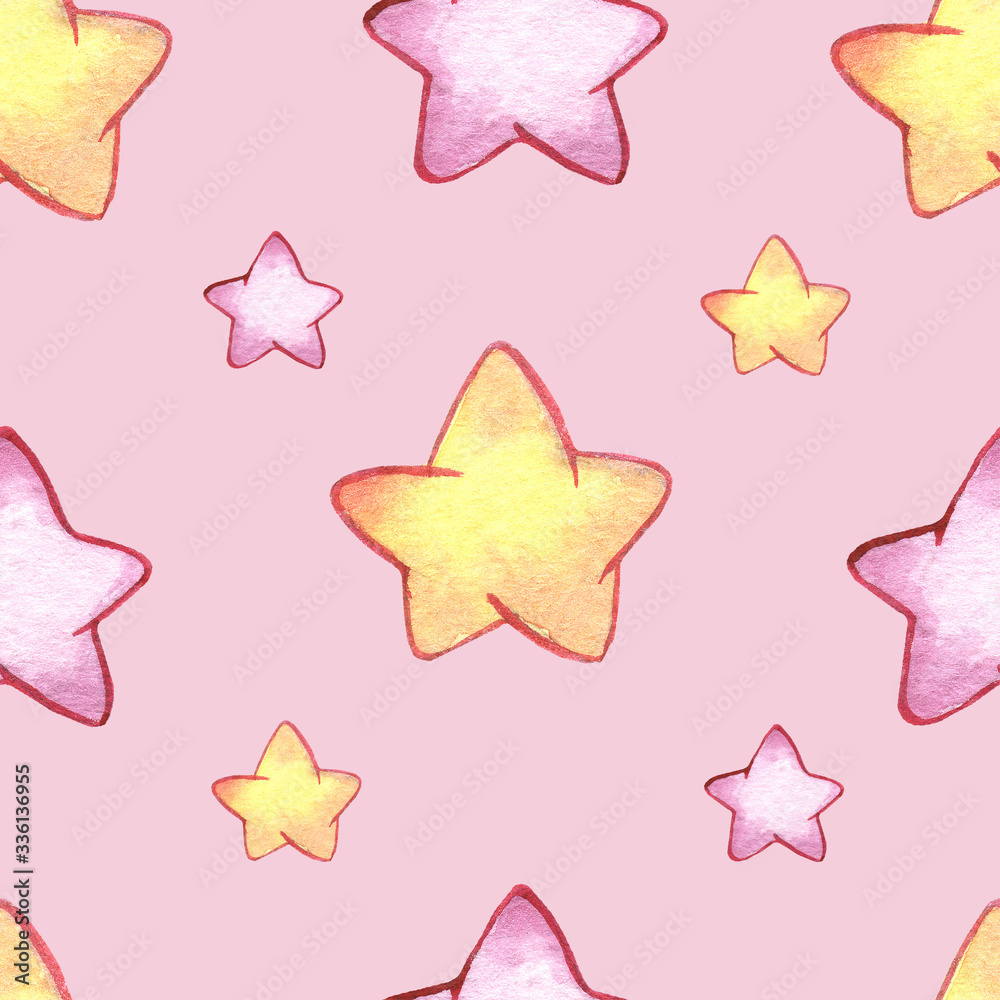 small pink and yellow stars in the pattern for children, painted with watercolor for printing on fabric or for use as Wallpaper.