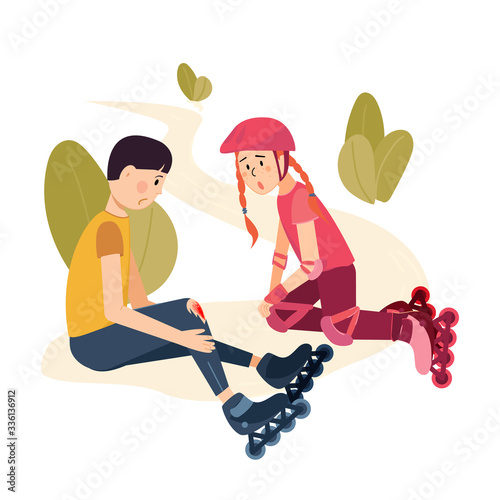 Roller skate safety concept.Two kids - teenager boy and his girl friend in helmet - sit and look at the wound on the boy's knee, resulting from falling without special protection for roller skaters.