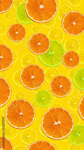 cute set with orange slices of orange, lemon and citron for menu or recipe, concept of vegetarian, vitamin and wholesome food, background for textiles, postcards, wallpapers, facebook history format
