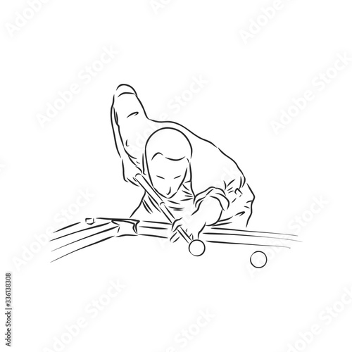 man playing Billiards, cue and balls, realistic vector sketch illustration