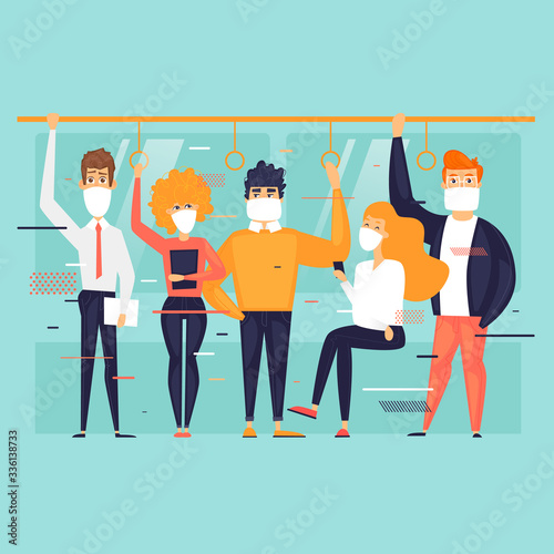 Masked people in public transport, virus. Flat design vector illustration.