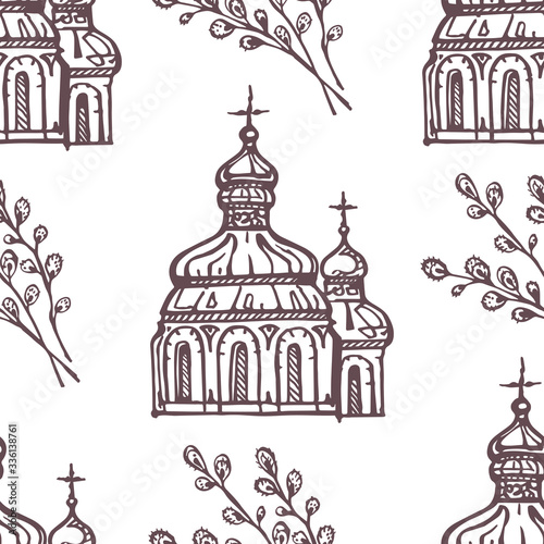 Easter seamless pattern with hand drawn church and pussy-willow twig
