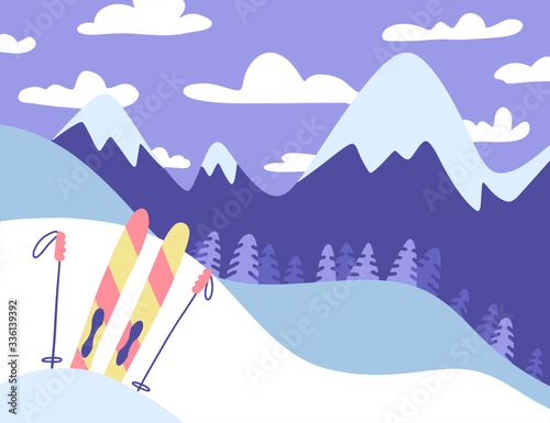 Ski resort banner, panoramic mountains landscape, fir trees forest,colorful skiing with sticks. Flat winter wide illustration concept. Vector design