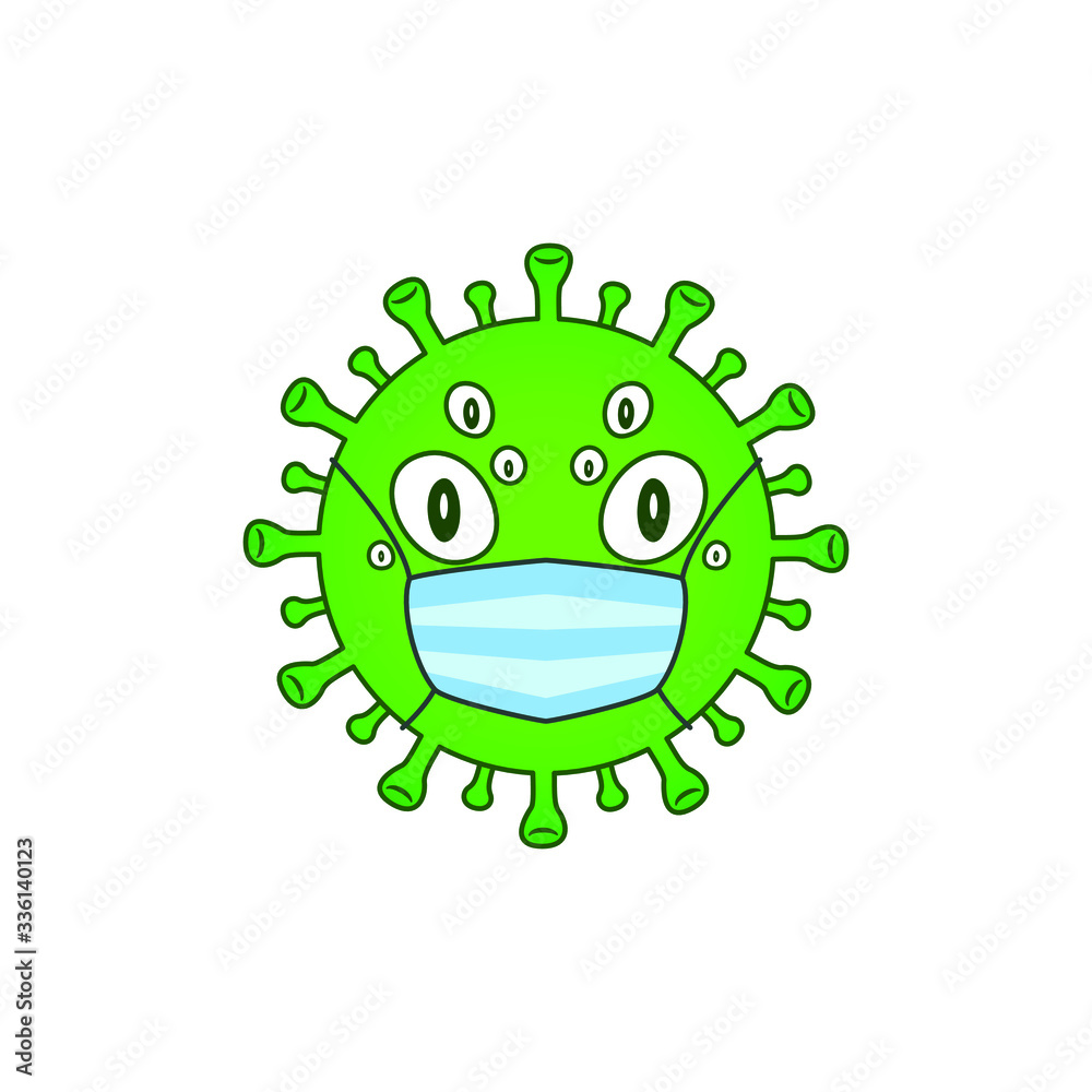 Fototapeta premium Green Virus. Corona Virus with many eyes and protective mask. Microbiology And Virology Concept icon. Wuhan virus maskot. Dangerous pandemic smiley and emoticon. Corona-virus Quarantine logo, symbol.
