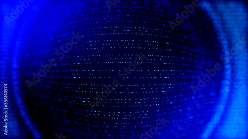 abstract blue background of glow particles form lines, surfaces as futuristic structures in cyberspace or hologram. Sci-fi theme of microworld, nanotechnology or cosmic space. Round structure 2