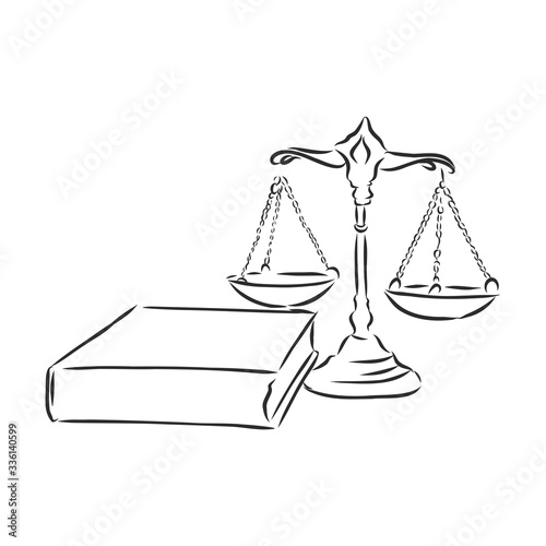 scales of justice and book, vector sketch illustration