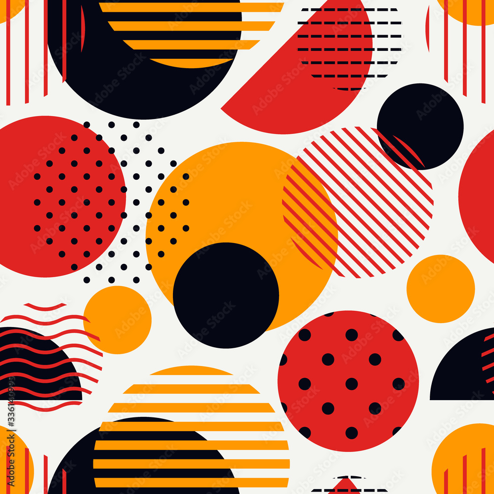 Circle, polka dot seamless pattern. Mixed texture irregular chaotic shapes print. Memphis stile geometric background