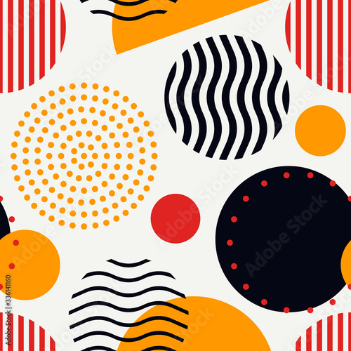 Circle, polka dot seamless pattern. Mixed texture irregular chaotic shapes print. Memphis stile geometric background