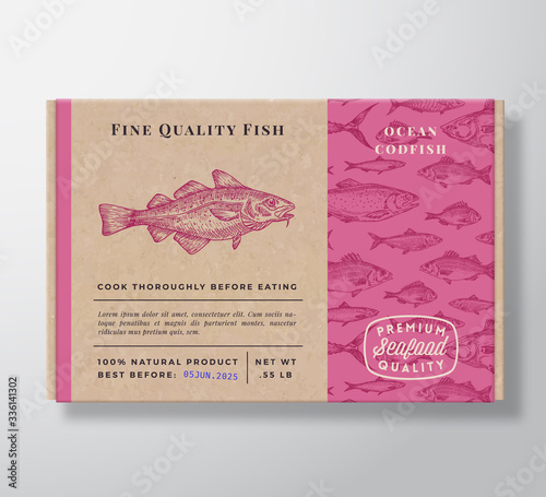 Fish Pattern Realistic Cardboard Container. Abstract Vector Seafood Packaging Design or Label. Modern Typography, Hand Drawn Codfish Silhouette. Craft Paper Box Pattern Background Layout.