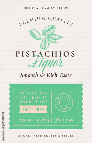 Family Recipe Pistachio Nuts Liquor Acohol Label. Abstract Vector Packaging Design Layout. Modern Typography Banner with Hand Drawn Pistachios with Leaf Silhouette Logo and Background.
