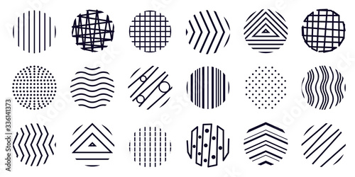 Circle icons collection. Doodle round textured shapes, signs, symbols set. Highlight covers, elements for brand identity