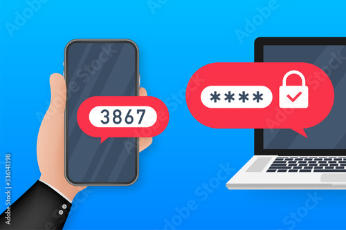 Two step authentication vector illustration, flat cartoon smartphone and computer safety login or signin. Vector stock illustration.