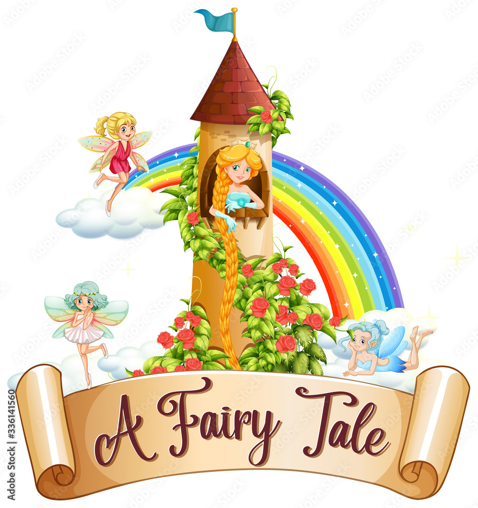 Fototapeta Font design for word a fairy tale with princess and fairies in the castle