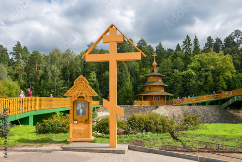 TSYGANOVKA, RUSSIA - AUGUST 25, 2019: Worshiping cross and icon of Seraphim of Sarov at the source in the name of St. Seraphim of Sarov near the village of Tsyganovka, Russia