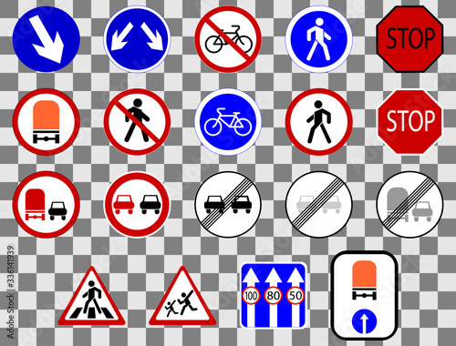Road sign, warning and prohibiting signs on yellov background vector illustration