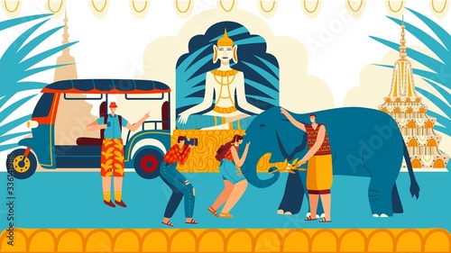 Tourists in city Thailand people traditional architecture, sculptures and elephant before caucasian travellers exotic tourism entertainment cartoon vector illustration. Tours to Thai city culture.