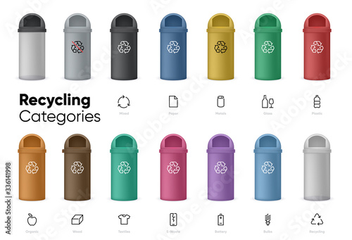 Garbage Cans vector flat illustration. Garbage Cans with Sorted Garbage icons. Ecology and Recycle concept